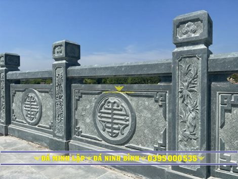 Lan can đá xanh rêu, bưng chữ Thọ cổ, cột vuông đục Tứ Quý LC6
