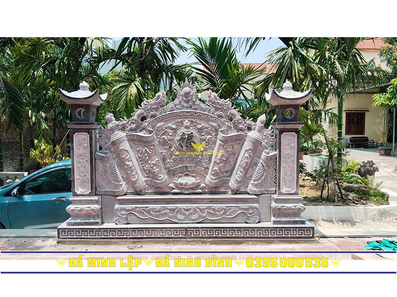 Mẫu cuốn thư đá nhà thờ họ có hai cột đèn uy nghi bề thế