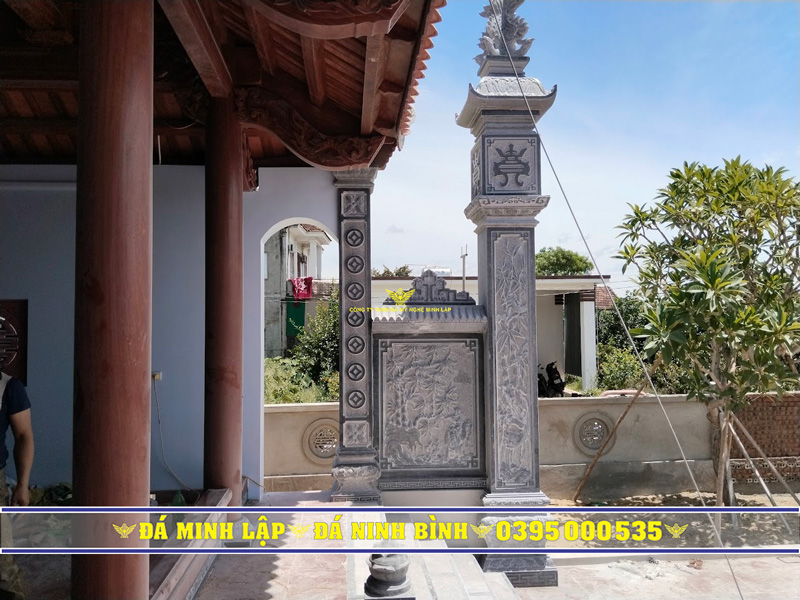 Cột đồng trụ và cánh phong đá Cột đồng trụ và cánh phong bằng đá tự nhiên nguyên khối chấn phong thủy hai bên đầu hồi
