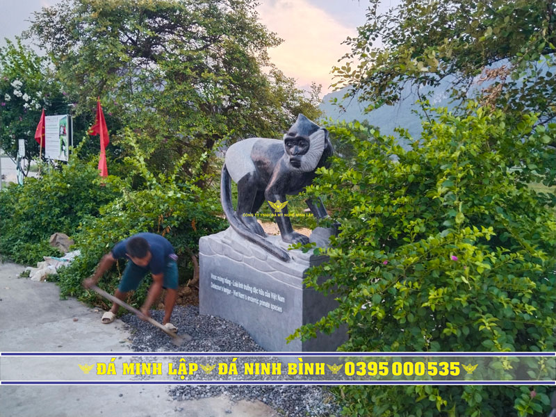 Thi công hoàn thiện chân bệ tượng đá voọc mông trắng tại Vân Long