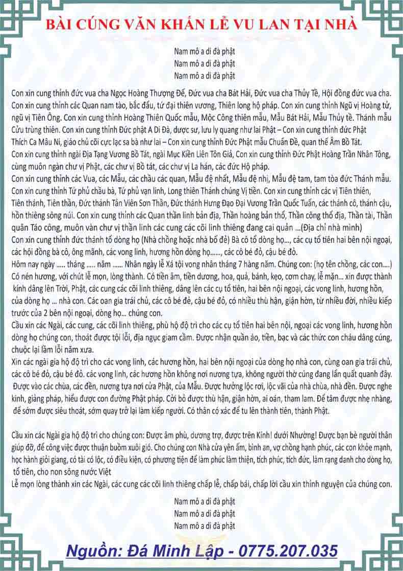 văn khấn bài cúng lễ vu lan chuẩn và đầy đủ nhất